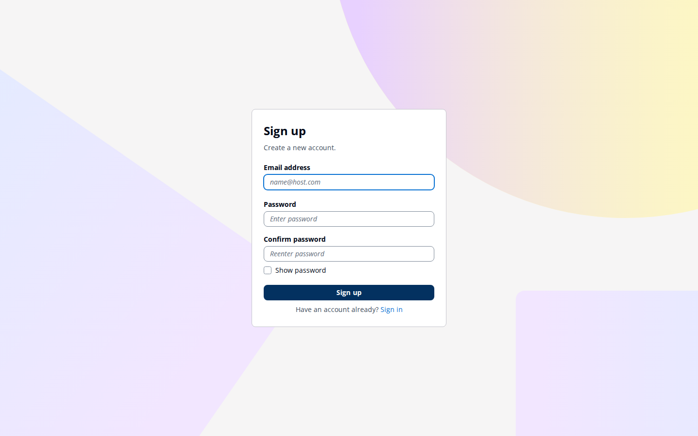 Account creation form with empty credential fields.